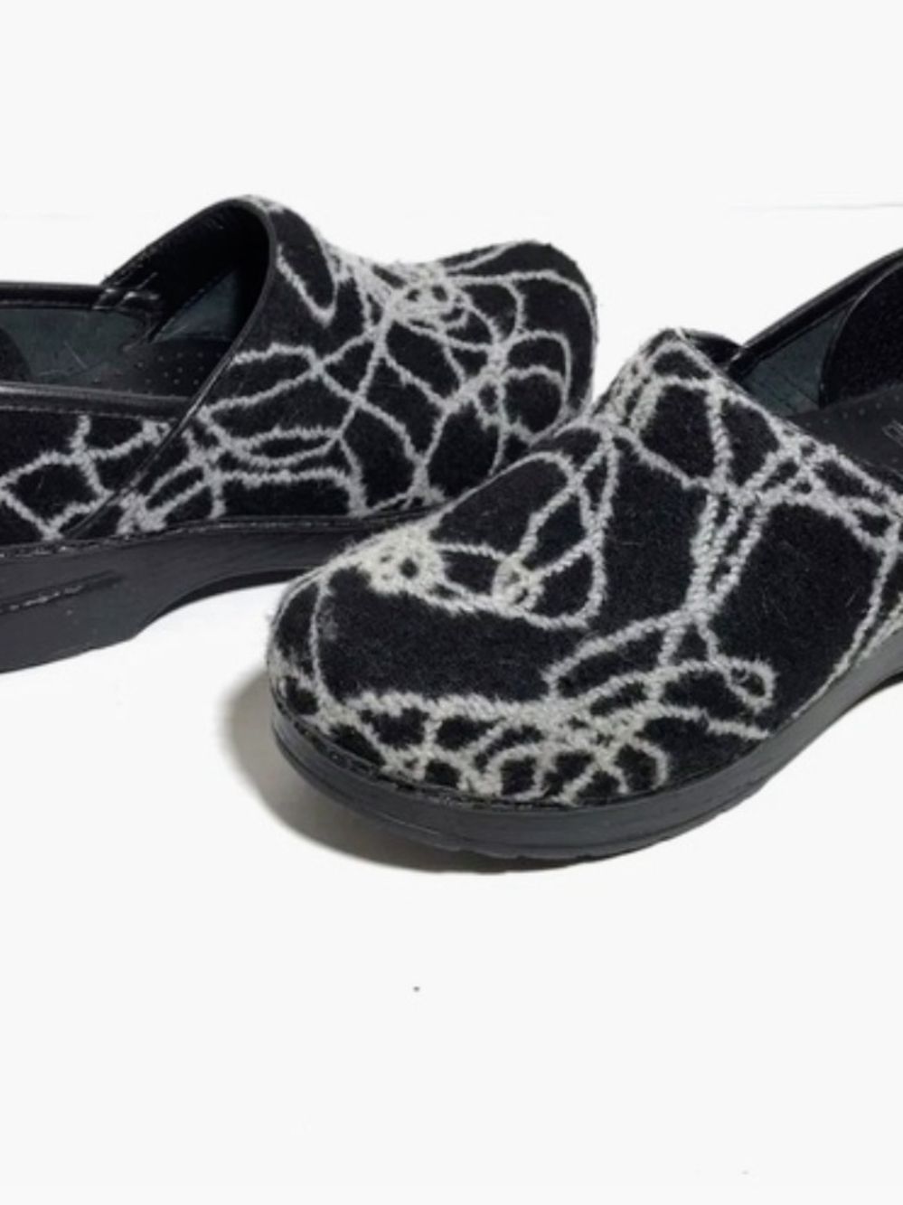Dansko Black Felt Clogs with White Abstract Stitching